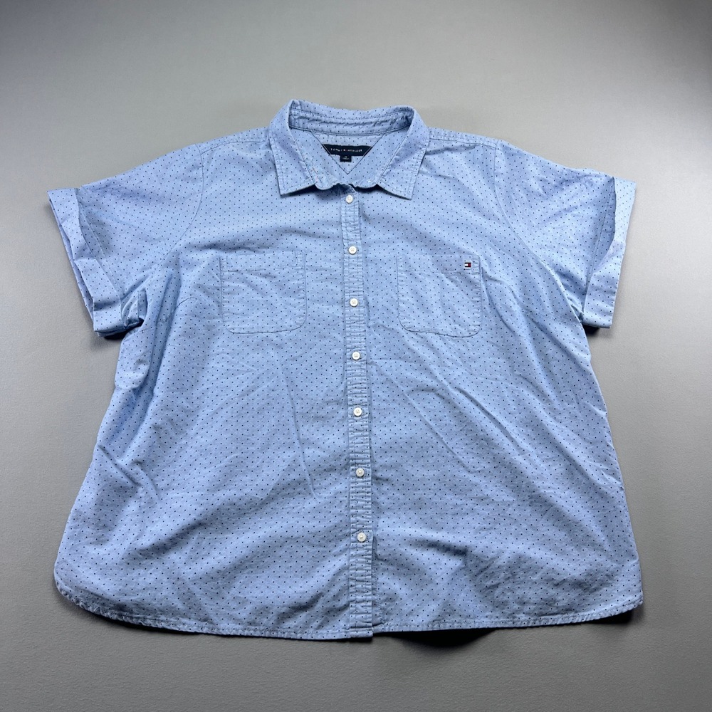 Tommy Hilfiger Camp Shirt Women 1X Blue Polka Dot Dual Flap Pocket Cotton Casual